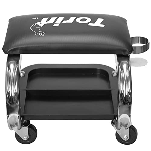 AR7451B Torin Heavy Duty Rolling Creeper Garage/Shop Seat: Padded Mechanic Stool with Tool Tray Storage and Cup Holder, Black Torin