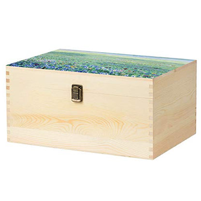 Kingcraft Extra Large Rectangle Unfinished Pine Wood Box Natural DIY Craft with Hinged Lid and Front Clasp for Arts Hobbies and Home