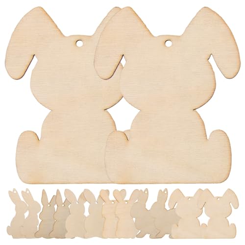 KALLORY Easter Wooden Bunny Cutouts: 36pcs Unfinished Rabbit Slices Large Easter Wood Pieces Easter Wooden Ornaments with Rope for DIY Easter KALLORY