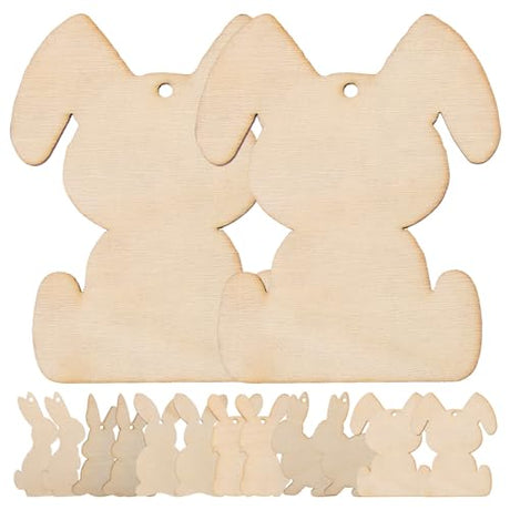 KALLORY Easter Wooden Bunny Cutouts: 36pcs Unfinished Rabbit Slices Large Easter Wood Pieces Easter Wooden Ornaments with Rope for DIY Easter KALLORY