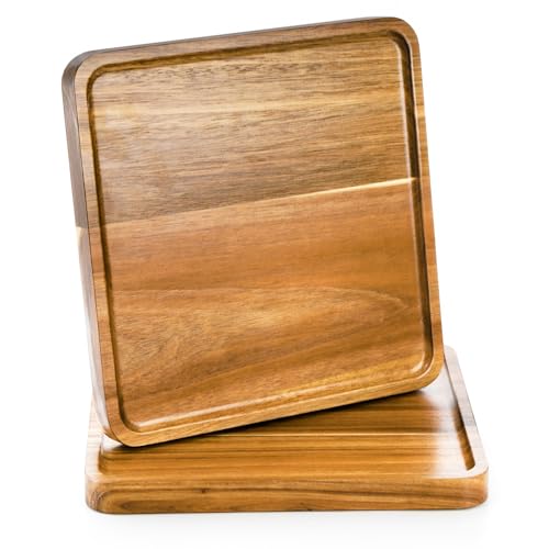 Elsjoy 2 Pack Acacia Wood Square Serving Tray, 10 Inch Square Wood Serving Platter Wooden Serving Board, Square Acacia Wood Plates for Charcuterie, Elsjoy