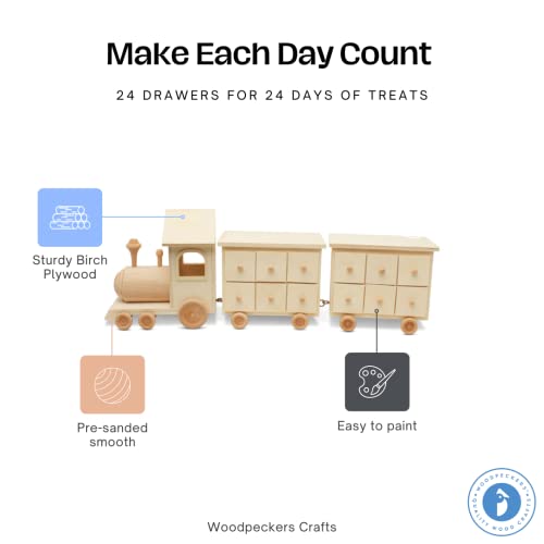 Train Wood Advent Calendar 8 x 22 Inch, Pack of 1 Unfinished Christmas Advent Calendar With 24 Empty Drawers for Crafts, by Woodpeckers Woodpeckers
