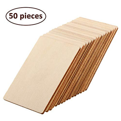 50 Pieces Blank Wood Squares Wood Pieces Unfinished Round Corner Square Wooden Cutouts, 2 x 3 Inch, for DIY Arts Craft Project, Decoration, Laser
