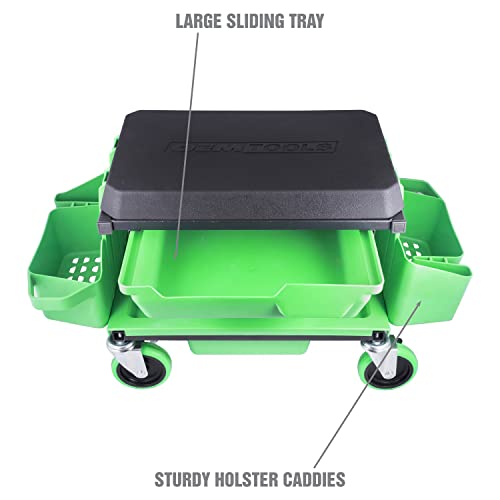 OEMTOOLS 24987 Sidekick Creeper Stool, Metal Shop Stools with Wheels, 5 Storage Seat Options, Cushioned Mechanics Stool with Wheels, Green Creeper OEMTOOLS