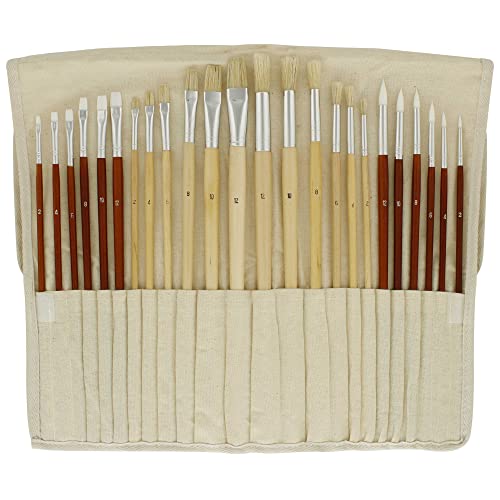 U.S. Art Supply 24-Piece Oil & Acrylic Artist Paint Brush Set with Long Handles, Canvas Brush Organizer Holder Roll-Up - Round, Flat Tips, Use for U.S. Art Supply
