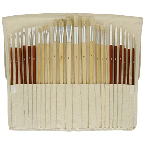 U.S. Art Supply 24-Piece Oil & Acrylic Artist Paint Brush Set with Long Handles, Canvas Brush Organizer Holder Roll-Up - Round, Flat Tips, Use for