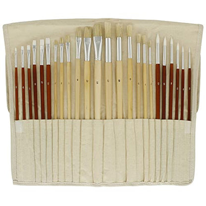 U.S. Art Supply 24-Piece Oil & Acrylic Artist Paint Brush Set with Long Handles, Canvas Brush Organizer Holder Roll-Up - Round, Flat Tips, Use for - WoodArtSupply