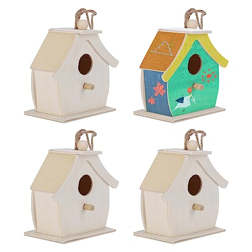 Wooden Birdhouses, 4Pcs Mini Hanging Birds Nests Ornaments DIY Unfinished Wood Bird House Outdoor Garden Balcony Courtyard for Children to Paint Hapivida