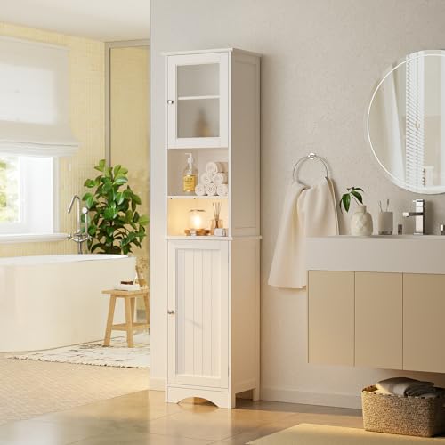 Gizoon 67.1" Tall Bathroom Storage Cabinet with Adjustable Shelves, Narrow Tall Linen Tower with Open Shelves, 2 Doors Freestanding Cabinet with