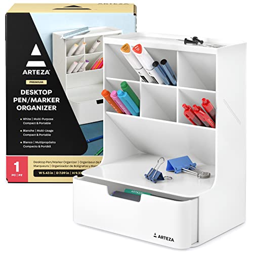 ARTEZA Desktop Pen and Marker Organizer, 6-Compartment White Pen Holder for Desk with Stationery Drawer, 5.43in x 7.09in x 9.33in, Makeup Organizer ARTEZA