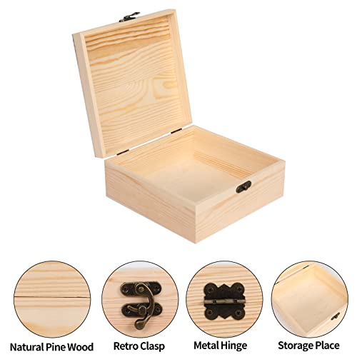 FORACKS Unfinished Wooden Storage Box with Lid, 9.1'' x 9.1'' x 3.9'' Keepsake Box, Rustic Unpainted Wood Gift Boxes for Crafts DIY Storage Jewelry Plain Pine Box, with Hinged Lid and Front Clasp