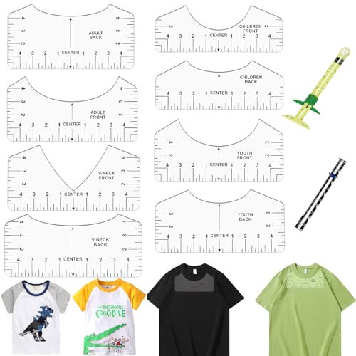 10 Pieces Tshirt-Ruler Guide to Center Vinyl,V-Neck/Round Ruler for Alignment Measurement Template,Craft Sewing Supplies Accessories Tools,T-Shirt