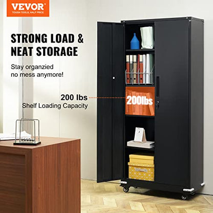 VEVOR Metal Storage Cabinet with Wheels, 75'' Locking Steel Storage Cabinet with 2 Magnetic Doors and 4 Adjustable Shelves for Office, Garage, Home