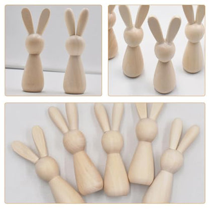 ABOOFAN Unfinished Wooden Bunny,4pcs Blank Wood Rabbit Peg Doll Figure Cutout Table Statue Model Desktop Centerpiece for Kids DIY Painting Home