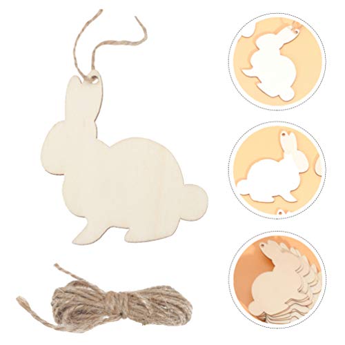 Amosfun 30pcs Wooden Easter Cutouts Rabbit Unfinished Wood Slices Wooden Easter Crafts with Hemp Ropes for Easter Hanging Party Decoration Amosfun