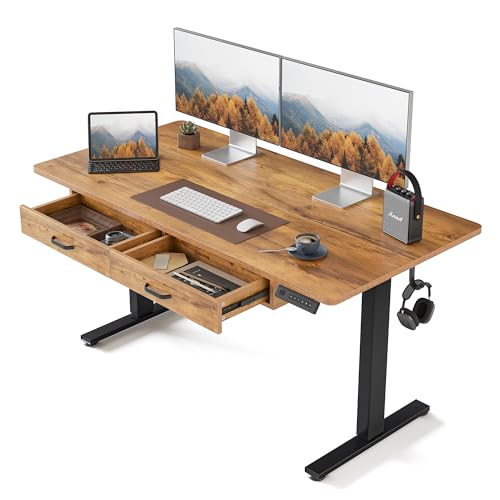 FEZIBO Adjustable Height Electric Standing Desk with Double Drawer, 55x 24 Inches Stand Up Home Office Desk with Splice Tabletop, Black Frame/Fir FEZIBO