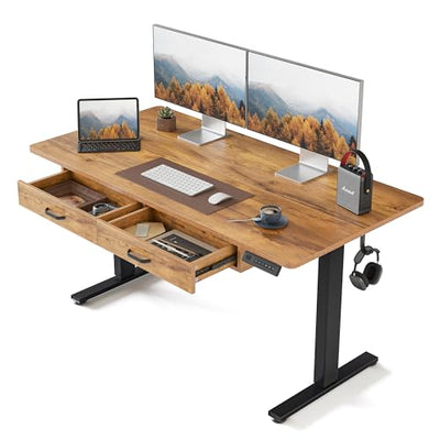 FEZIBO Adjustable Height Electric Standing Desk with Double Drawer, 55x 24 Inches Stand Up Home Office Desk with Splice Tabletop, Black Frame/Fir