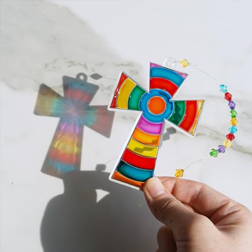 Winlyn 27 Sets Cross Suncatchers Ornaments Decorations DIY Window Paint Art Suncatchers Cross Craft Kits Cross Sun Catchers for Kids Sunday School Winlyn