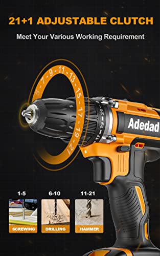 Adedad 20V Cordless Drill Set Electric Power Drill Kit with Battery and Charger, 3/8 Inch Keyless Chuck, 21+1 Position,2 Variable Speed, LED Light - WoodArtSupply