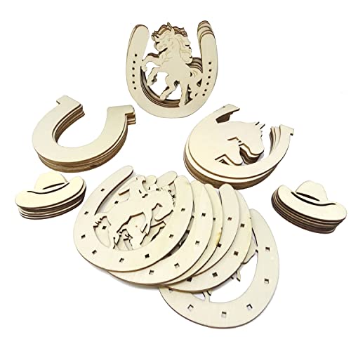 Honbay 36PCS Unfinished Cowboy Wooden Cutouts Blank Horseshoe and Hat Wood Discs Slices for Western Cowboy Cowgirl Party Decorations DIY Craft (5 HONBAY