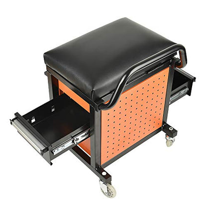 E041 Padded Creeper Seat with Onboard Storage, Rolling Tool Box Chair with Storage Rack and Drawers, Mechanics Roller Seat with Storage Drawers and - WoodArtSupply