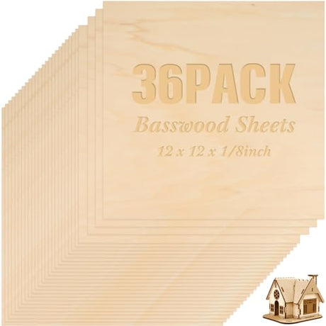 36 Pack Basswood Sheets Plywood Board 1/8 Inch Unfinished Wood Boards for Crafts for DIY Laser Projects Architectural Model Making Mini House Riakrum