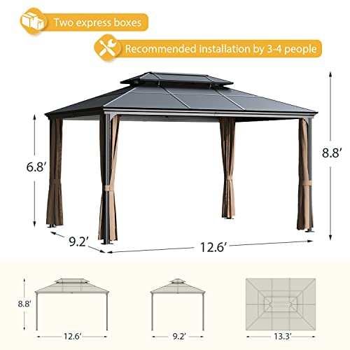 Greesum 10'x13' Hardtop Polycarbonate Gazebo, Outdoor Steel Double Roof Canopy, Aluminum Frame Permanent Pavilion with Netting and Curtains for - WoodArtSupply