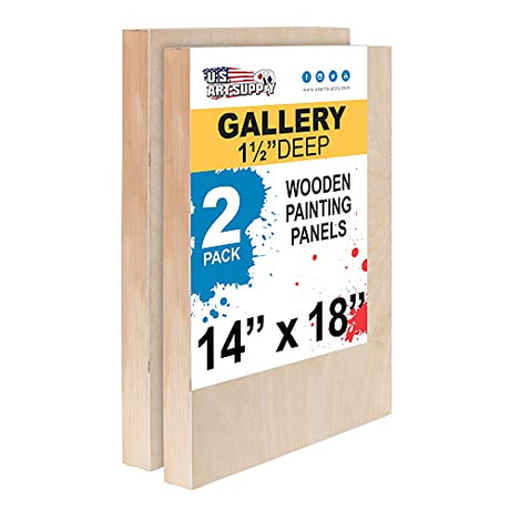 U.S. Art Supply 14" x 18" Birch Wood Paint Pouring Panel Boards, Gallery 1-1/2" Deep Cradle (Pack of 2) - Artist Depth Wooden Wall Canvases - U.S. Art Supply