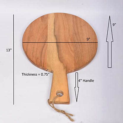 Samhita Round Acacia Wood Cutting Board with Handle for Chopping and Serving Charcuterie, Cheese, Pizza, Bread - Wall Décor (13" X 9" X 0.75") - WoodArtSupply