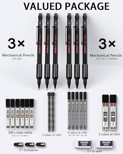 Nicpro 27PCS Art Mechanical Pencils Set in Case, Metal Drafting Pencil 0.5, 0.7, 0.9 mm & 2mm with 13 Tube Lead Refills(4B 2B HB 2H 4H Colors) - WoodArtSupply