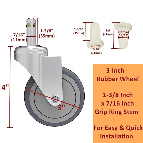 RILIDRI 3-Inch Swivel Stem Caster, 7/16-Inch Stem Diameter Rubber Wheel, Heavy Duty TPR Replacement Wheels for Rubbermaid Mop Bucket Cart Grill