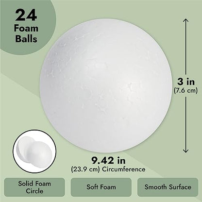 Juvale 24 Pack 3 Inch Foam Balls for Crafts, Smooth Polystyrene Spheres for DIY Decorations, Classroom Projects
