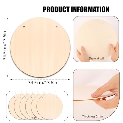 DIYDEC 6 Pack Wood Circles for Crafts 14 Inch Unfinished Wood Slices Blank Wooden Door Hanger Sign Round Wood Discs with Bows Twine Glue Point for DIYDEC