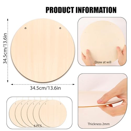 DIYDEC 6 Pack Wood Circles for Crafts 14 Inch Unfinished Wood Slices Blank Wooden Door Hanger Sign Round Wood Discs with Bows Twine Glue Point for DIYDEC