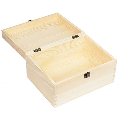 Extra Large Rectangle Unfinished Pine Wood Box Natural DIY Craft with Hinged Lid and Front Clasp for Arts Hobbies and Home Storage-10.71x8x5.66