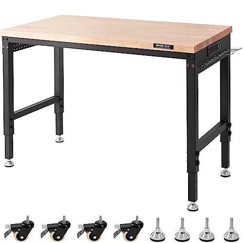 VEVOR Adjustable Workbench, 48" L X 24" W Garage Worktable with Universal Wheels, 28-39.5" Heights & 2000 LBS Load Capacity, with Power Outlets & VEVOR
