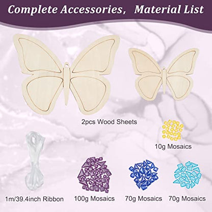 WEBEEDY Make 2 Butterfly Glass Mosaic Kit Creativity DIY Mosaic Glass Kit for Kids Adults Include Glass Mosaic Tiles, Wooden Chips, Ribbon - WoodArtSupply