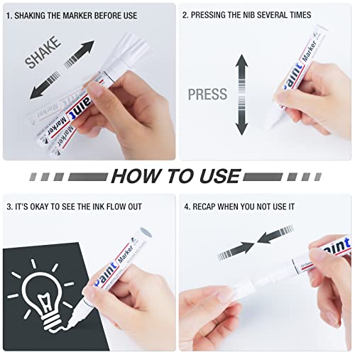 White Paint Pen Permanent Markers - 8 Oil Based Paint Markers for Tire,  Wood, Rocks, Metal, Canvas, Plastic, Dark Surface, Medium Tip, Waterproof