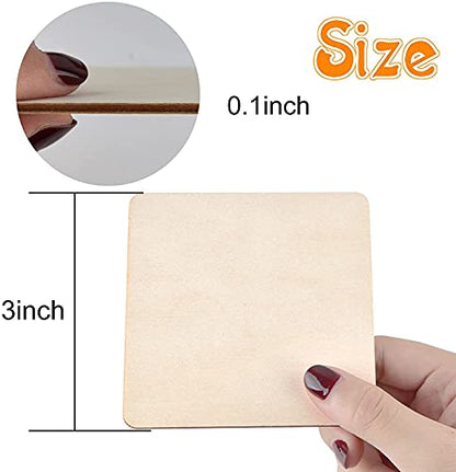100Pcs Unfinished Square 3x3 Inch Wood Pieces, Blank Wooden Cutouts for Crafts,Squares Cutout Tiles Unfinished Wood Cup Coasters Natural Slices