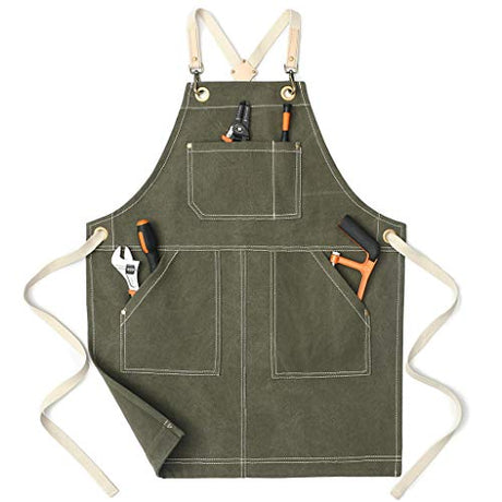 Jeanerlor - 16oz Water-Resistant Work Hairdresser Canvas Aprons for Women Painting Garden Tool Apron with Pockets（Olive Green） Adjustable S to M Jeanerlor