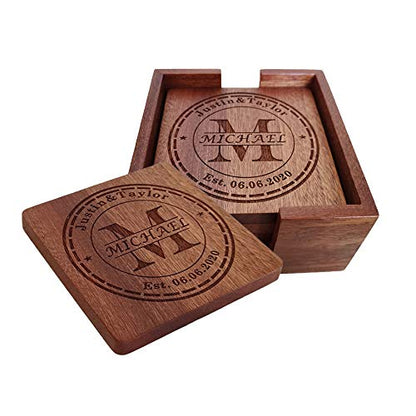 Personalized Coasters, Custom Engraved Wood Coasters for Drinks, Monogram Coasters with Holder, Wedding Gifts, Parents Gifts (M) - WoodArtSupply