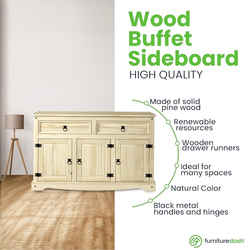 Furniture Dash Solid Wood Buffet Sideboard 51.9" W, 16.9" D, 31.6" H - Wooden Storage Cabinet with 3 Doors & 2 Drawers - Cupboard Console Table, Furniture Dash