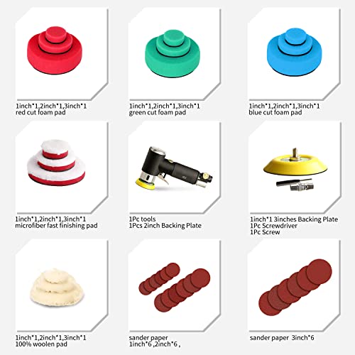 ZFE 1/2/3 Inch Random Orbital Air Sander, Mini Pneumatic Sander for Auto Body Work, High Speed Air Powered Polisher with 15 Polishing Buffing Pads,18 ZFE