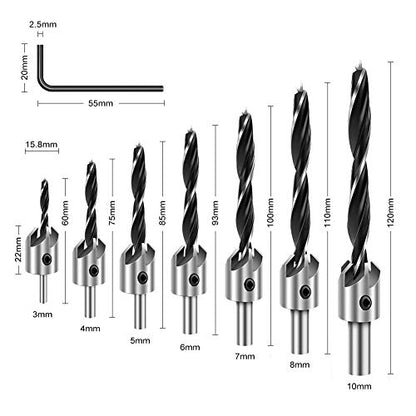 COMOWARE Countersink Drill Bits Set- 7Pcs Counter Sink Bit for Wood High Speed Steel, Woodworking Carpentry Reamer with 1 Free Hex Key Wrench - WoodArtSupply