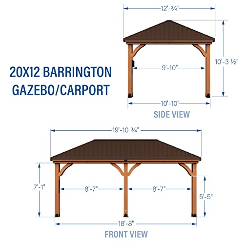 Backyard Discovery Barrington 20 ft. x 12 ft. All Cedar Wood Carport Pavilion Gazebo, Shade, Rain, Hard Top Steel Metal Roof, All Weather Protected, Backyard Discovery