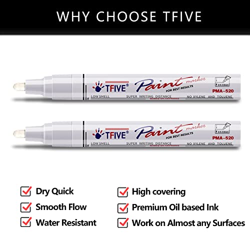 TFIVE White Permanent Paint Marker Pens - 2 Count Oil Based Marker Pen, Medium Tip, Waterproof & Quick Dry, for Office, Art projects, Rock Painting, - WoodArtSupply