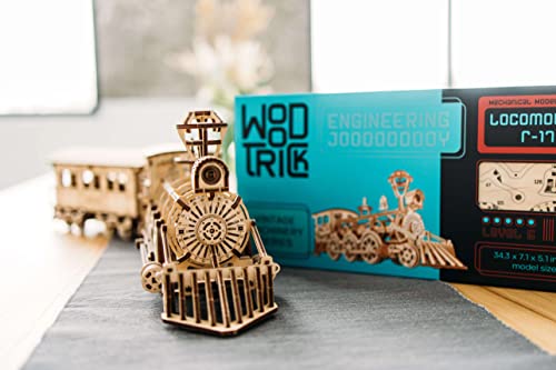 Wood Trick Wooden Toy Train Set with Railway - 34x7″ - Locomotive Train Toy Mechanical Model Kit - 3D Wooden Puzzles for Adults and Kids to Build - Wood Trick