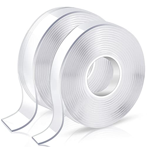 KUSUFEFI Double Sided Adhesive tape Heavy Duty, Double Stick Mounting (2 Rolls, Total 20FT), Clear Two Sided Wall tape Strips, Removable Poster tape KUSUFEFI