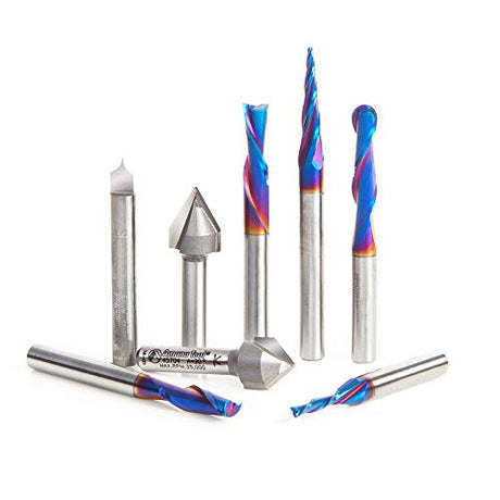 Amana Tool AMS-177-K 8-Pc CNC Router Bit Collection Featuring V-Grooves Point Roundover and Multi-Purpose Spektra Bits 1/4 Shank in Wooden Box Amana Tool