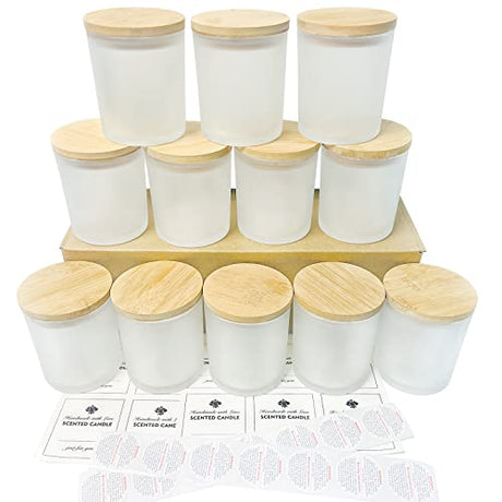 CONNOO 12Pack 10 oz Frosted Glass Candle Jars with Bamboo Lids for Making Candles Empty Candle Tins with Wooden Lids, Bulk Clean Candle Containers - CONNOO